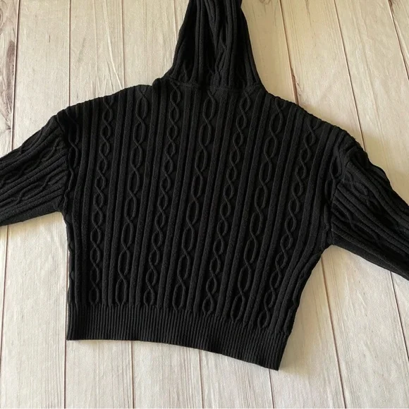 Cloth by Design Cozy Cable Knit Sweater Hoodie Womens L Black Cropped Super Soft - Picture 5 of 10
